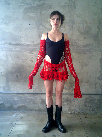 RED CROCHET SET: SKIRT & SLEEVES