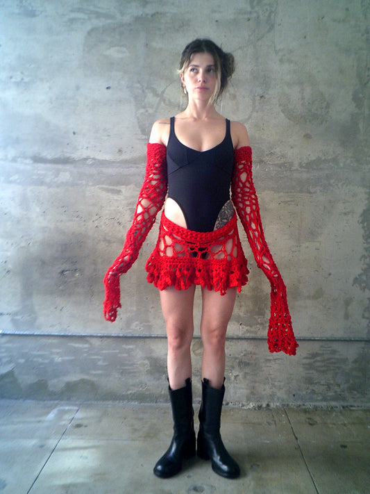 RED CROCHET SET: SKIRT & SLEEVES